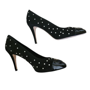 Chanel Black Suede Leather CC Logo Cap Toe High Heels Pearl Pumps 8 38.5 G33423
